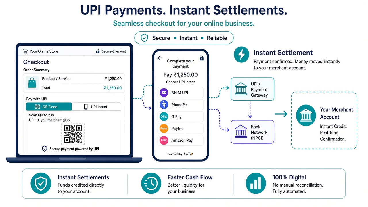 Merchant UPI QR and Intent payments with instant settlement